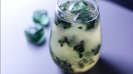 A refreshing mocktail in a clear glass filled with ice and green herbs. The drink has a light color, suggesting a tart cherry flavor, ideal for evening relaxation.の素材