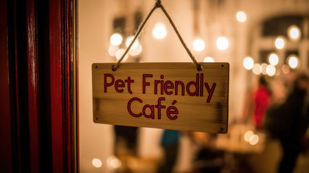 A wooden sign reading 'Pet Friendly Cafe' hangs in a cozy cafe. The background features warm lighting and blurred figures of people enjoying their time.の素材