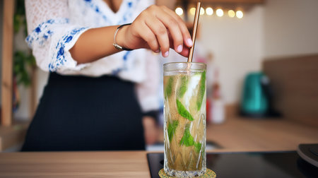 A woman with brown hair prepares a magnesium drink in a tall glass. The drink contains mint leaves and has a calm aesthetic, suitable for a night routine.の素材