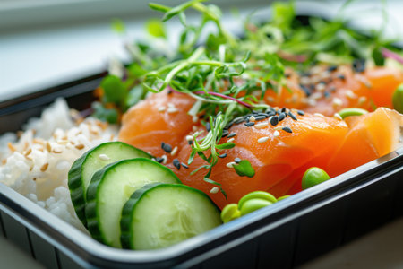 A bento box filled with onigiri, salmon, cucumber slices, and sprouts. The meal is arranged in a pastel container, showcasing a healthy lunch aesthetic.の素材