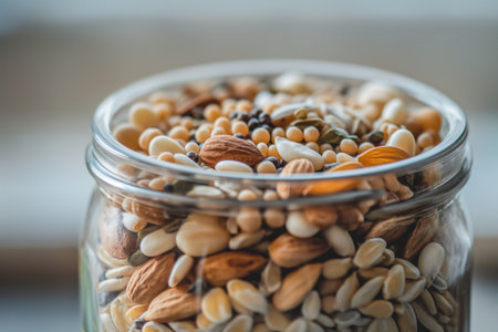 A close-up of a clear glass jar filled with a variety of nuts and seeds. The jar is placed on a pantry shelf, showcasing a calm kitchen with warm neutral tones.の素材
