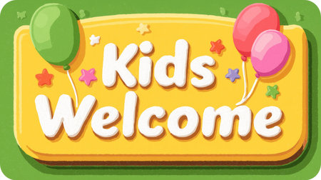 A colorful sign that reads Kids Welcome with balloons and stars on a green background. Ideal for cの素材