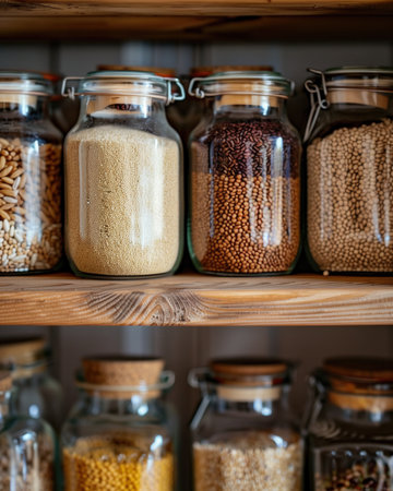 Amber glass jars filled with various grains and spices are neatly arranged on a wooden pantry shelf.の素材