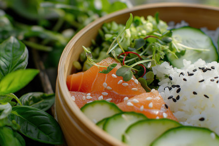 A bento box filled with onigiri, salmon, cucumber slices, and microgreens. The container is pastel-cの素材