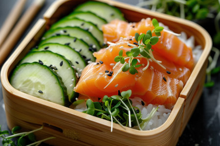 A bento box filled with salmon sashimi, sliced cucumbers, and microgreens. The container is made ofの素材