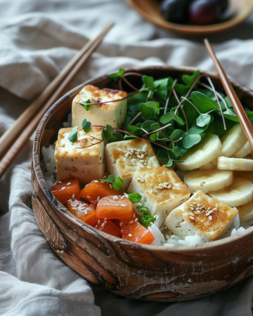A bento box filled with onigiri, grilled tofu, fresh greens, and sliced bananas. The meal is arrangeの素材