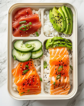 A pastel bento box filled with sushi, onigiri, sliced cucumbers, and avocado. The meal is arranged fの素材