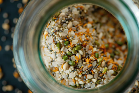 Close-up of a glass jar filled with a colorful mix of seeds and spices. The jar is part of a well-orの素材