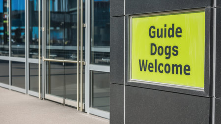 A bright yellow sign stating Guide Dogs Welcome is displayed on a modern buildings entrance. Theの素材