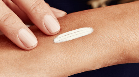A close-up of a hand applying SPF stick sunscreen on the skin. The product is white and smooth, emphの素材