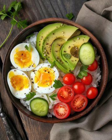 A bento box with onigiri, boiled eggs, avocado slices, cherry tomatoes, and cucumber. The meal is arの素材