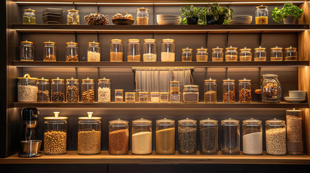 A well-organized pantry shelf displays various amber glass jars filled with spices, grains, and nutsの素材