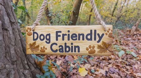A wooden sign reading Dog Friendly Cabin hangs from a tree in a forest. The ground is covered withの素材