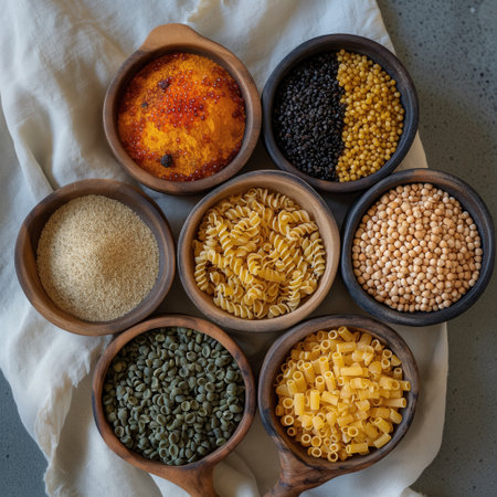 A collection of various grains and pasta in rustic bowls. The warm neutrals create a calm kitchen atの素材