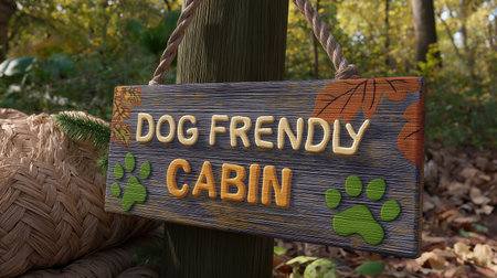 A wooden sign reading Dog Friendly Cabin hangs from a post in a forested area. The sign features pの素材