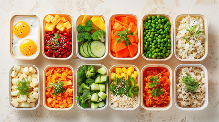 A colorful bento box meal prep with onigiri, vegetables, and eggs arranged in pastel containers. Theの素材