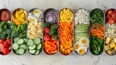 A colorful bento box layout featuring various healthy ingredients. Includes onigiri, vegetables, eggの素材