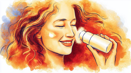 A young woman with curly red hair applies SPF stick sunscreen to her face. She has a joyful expressiの素材