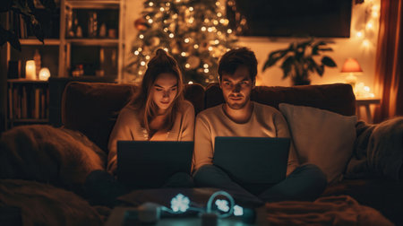 A young Caucasian couple sits on a couch in a cozy home office. They work on laptops, surrounded by warm lighting and a decorated Christmas tree.の素材