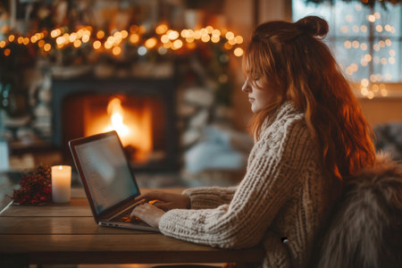 A young Caucasian woman with long red hair works on a laptop at a wooden table. A cozy fireplace and holiday decorations create a warm atmosphere in a winter home office.の素材