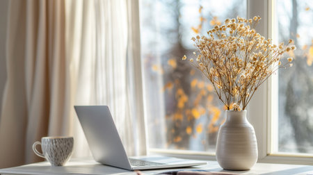 A cozy home office scene with a laptop, a cup, and a vase of dried flowers on a table. Soft sunlight filters through a window with sheer curtains.の素材