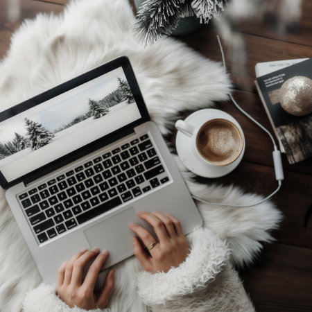 A cozy home office setup in winter. A laptop displays a snowy landscape. A cup of coffee and a book are on a wooden table, surrounded by soft white fur.の素材