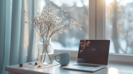 A cozy home office scene with a laptop, a cup of coffee, and a vase of dried flowers on a table. Sunlight streams through a window, creating a warm atmosphere in winter.の素材