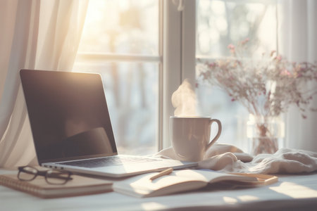 A cozy home office scene with a laptop, steaming coffee cup, and a notebook on a table by a window. Soft sunlight filters through sheer curtains.の素材