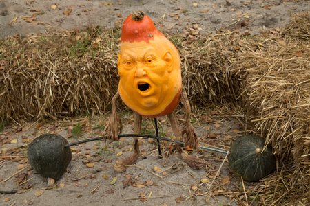 LUDWIGSBURG, GERMANY, 08 OCTOBER 2016. Figures made from a pumpkin in the park of the town of Ludwigsburg.のeditorial素材