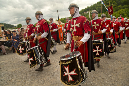 HORB AM NECKAR, GERMANY. 18 JUNE 2016. Knights marching with drums at the medieval festival.のeditorial素材