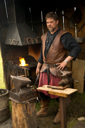 HORB AM NECKAR, GERMANY. 18 JUNE 2016. A medieval market on joust. Blacksmith.のeditorial素材