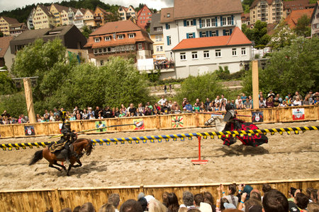 HORB AM NECKAR, GERMANY. 18 JUNE 2016. Knights tournament. Medieval knights on horseback.のeditorial素材