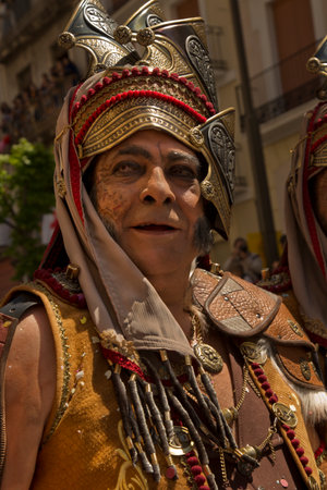 ALCOY, ALICANTE, SPAIN. 22 APRIL 2017. Festival of the Moors and Christians. The march through the city center.のeditorial素材
