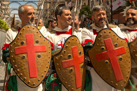 ALCOY, ALICANTE, SPAIN. 22 APRIL 2017. Festival of the Moors and Christians. The march through the city center.のeditorial素材