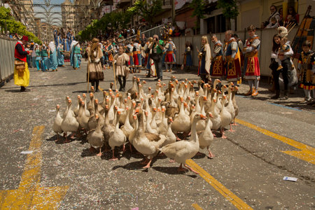 ALCOY, ALICANTE, SPAIN. 22 APRIL 2017. Festival of the Moors and Christians. The march through the city center.のeditorial素材