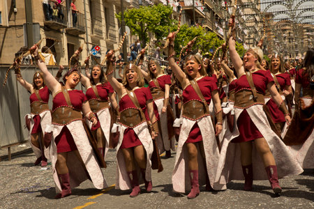 ALCOY, ALICANTE, SPAIN. 22 APRIL 2017. Festival of the Moors and Christians. The march through the city center.のeditorial素材