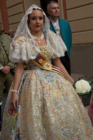 MURCIA, SPAIN, 17 APRIL 2017. Spring Festival in Murcia. Procession in national costumes on streets...