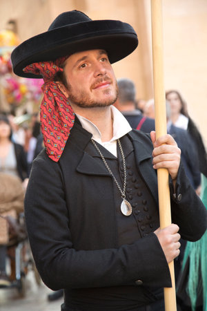 MURCIA, SPAIN, 17 APRIL 2017. Spring Festival in Murcia. Procession in national costumes on streets...