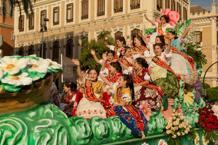 MURCIA, SPAIN, 18 APRIL 2017. Spring Festival in Murcia. Procession in national costumes on streets...