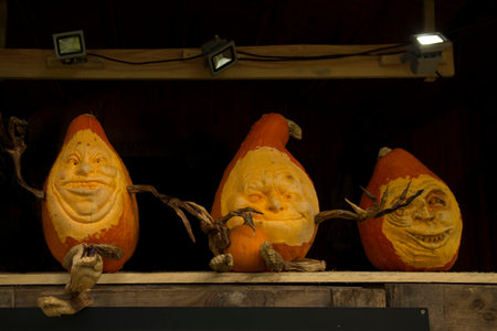 LUDWIGSBURG, GERMANY , 16 SEPTEMBER 2017. Figures made from a pumpkin in the park of the town of Ludwigsburg.のeditorial素材