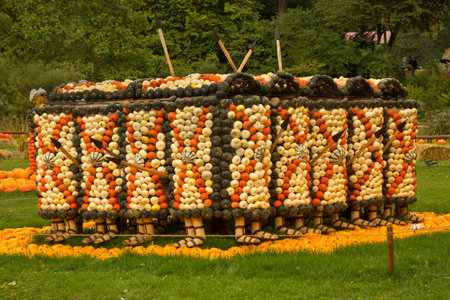 LUDWIGSBURG, GERMANY , 16 SEPTEMBER 2017. Figures made from a pumpkin in the park of the town of Ludwigsburg.のeditorial素材
