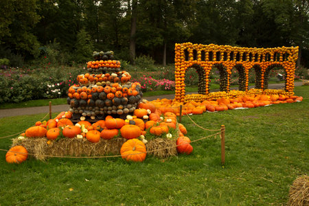 LUDWIGSBURG, GERMANY , 16 SEPTEMBER 2017. Figures made from a pumpkin in the park of the town of Ludwigsburg.のeditorial素材