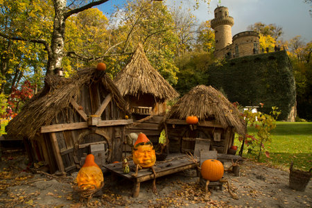 LUDWIGSBURG, GERMANY ,22 OCTOBER 2017. Figures made from a pumpkin in the park of the town of Ludwigsburg.のeditorial素材