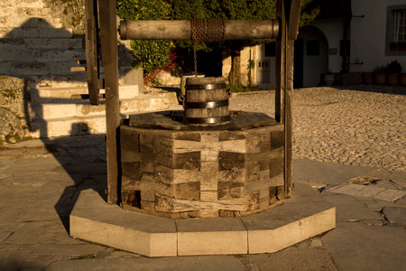 SLOVENIA, 30 DECEMBER 2018. Ancient well in the courtyard of Bled castle on lake Bled, Slovenia.のeditorial素材