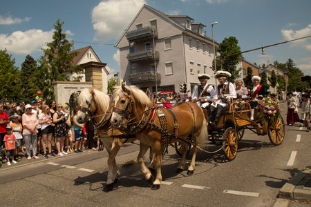 LUDWIGSBURG, GERMANY , 10 JUNE 2018.  Horse market (Pferdemarkt). Costume parade in the city center in Ludwigsburg, Germany.のeditorial素材