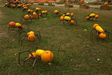 LUDWIGSBURG, GERMANY , 22 SEPTEMBER 2018. Figures made from a pumpkin in the park of the town of Ludwigsburg, Germany.のeditorial素材