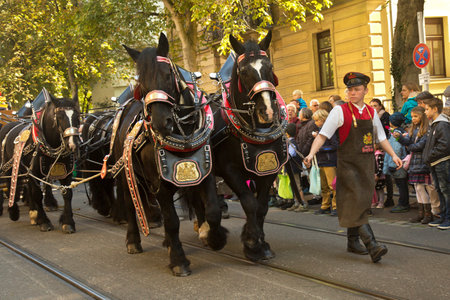 STUTTGART, GERMANY, 30 SEPTEMBER 2018. Volksfest in Stuttgart. The march through the city center.のeditorial素材