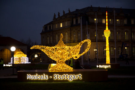 STUTTGART. GERMANY. 13 DECEMBER 2018. Light installations at the Christmas market in Stuttgart, Germany.のeditorial素材