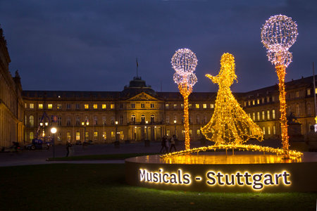 STUTTGART. GERMANY. 13 DECEMBER 2018. Light installations at the Christmas market in Stuttgart, Germany.のeditorial素材