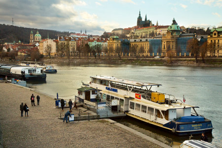 PRAGUE, CZECH REPUBLIC, 30 DECEMBER 2018. View of the Vltava River in Prague, Czech Republic.のeditorial素材